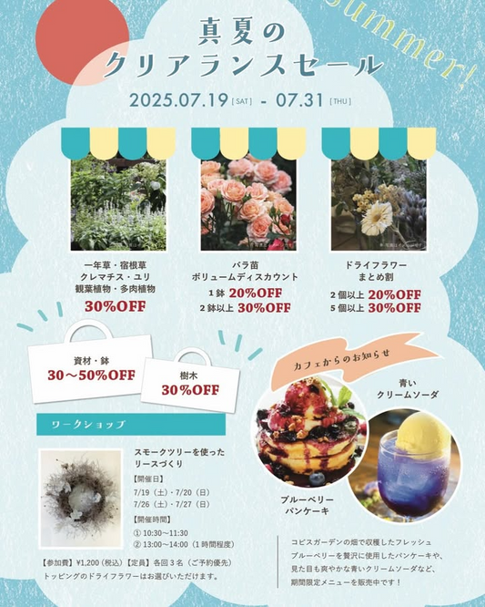 Coppice GARDENが真夏のクリアランスセールを7月19日開催、植物や資材が最大50%OFFでワークショップも同時実施
