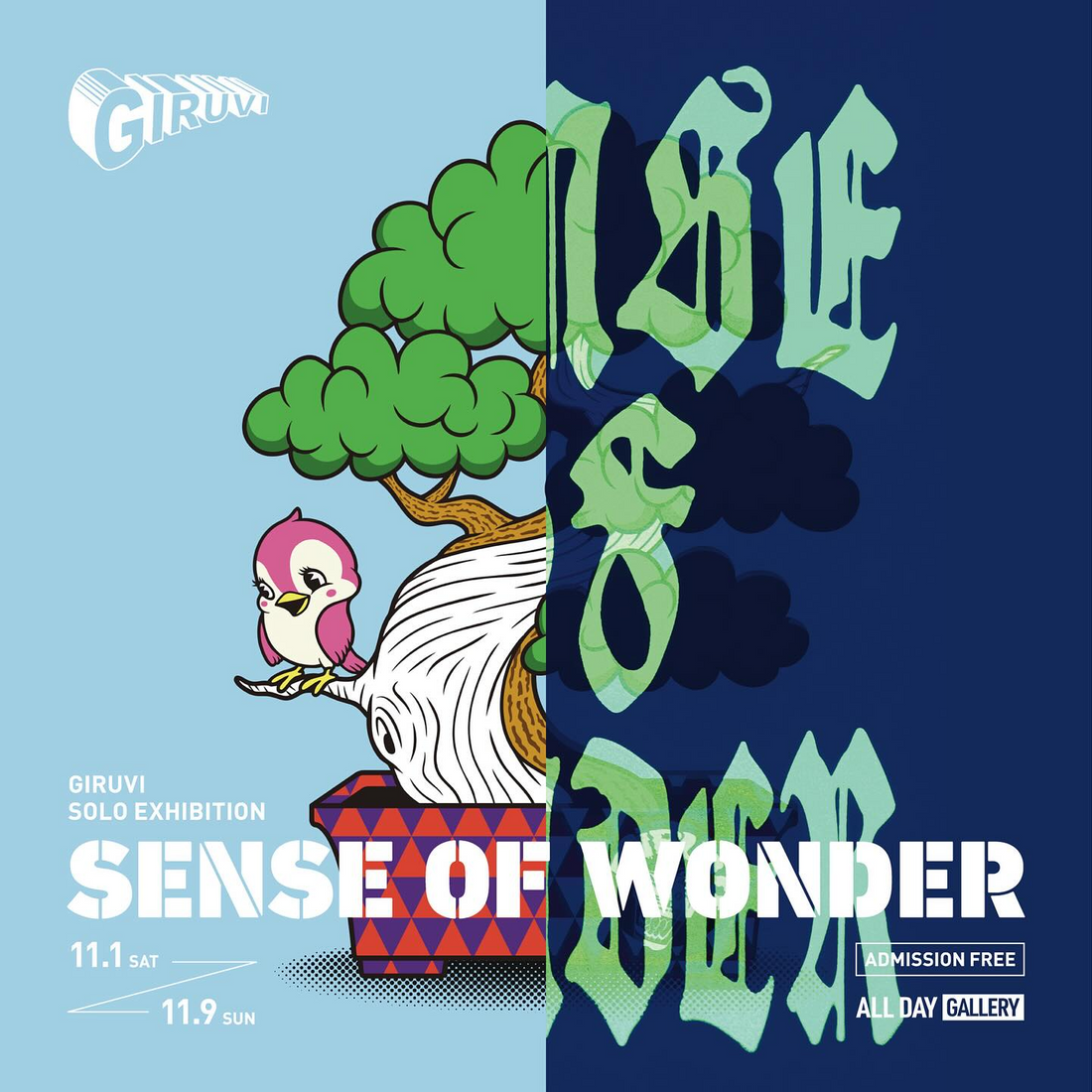 GIRUVIが個展SENSEOFWONDERを開催、ALLDAYGALLERYで蓄光インク新作と大型ステンシルが来場者の注目を集める