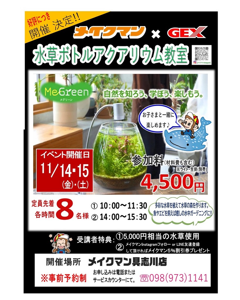 メイクマン具志川店がGEX協力の水草ボトルアクアリウム教室を2025年11月に開催、少人数制の実践講座が体験需要に応える