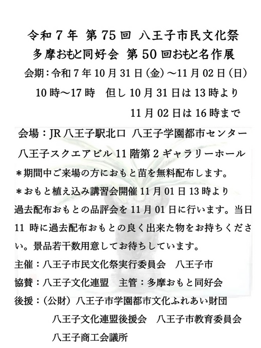 多摩おもと同好会がおもと名作展を開催、令和7年八王子市民文化祭で無料配布と講習会を実施し来場者の交流を促進