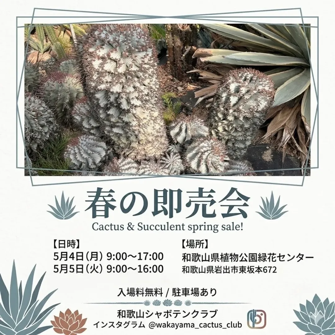 和歌山シャボテンクラブが春の即売会2026を開催、サボテンと多肉植物の 和歌山シャボテンクラブが春の即売会2026を開催、サボテンと多肉植物の