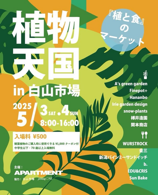APARTMENTが植物天国in白山市場を5月開催、アガベやユーフォルビアなど多彩な植物と朝取り野菜やフードが集結
