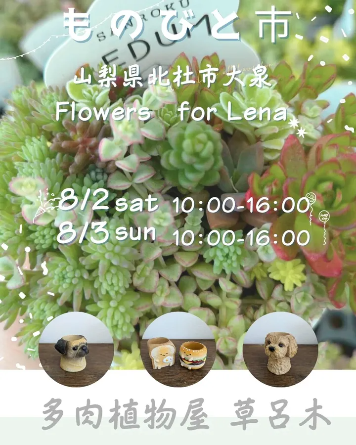多肉植物屋 草呂木がものびと市への8月2日出店情報を発表、Flowers for Lenaでとげとげハウスのセダムやレガーロのレガモンちゃん販売予定