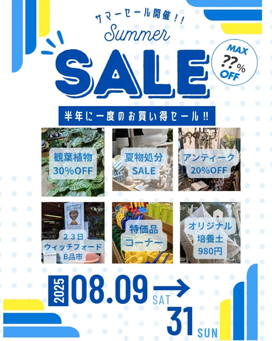 グリーンギャラリーガーデンズがサマーセールを8月9日東京八王子開催、観葉植物30%off・アンティーク20%offで半年に一度の特別価格販売を実施