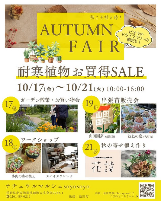 ナチュラルマルシェソヨソヨがAUTUMN FAIR 2025を10月17日から開催、耐寒性宿根草のセールとワークショップを実施