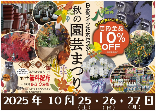 日本ライン花木センターが秋の園芸まつりを開催、3日間の全品1割引と午前中の配布企画が来店意欲を高める