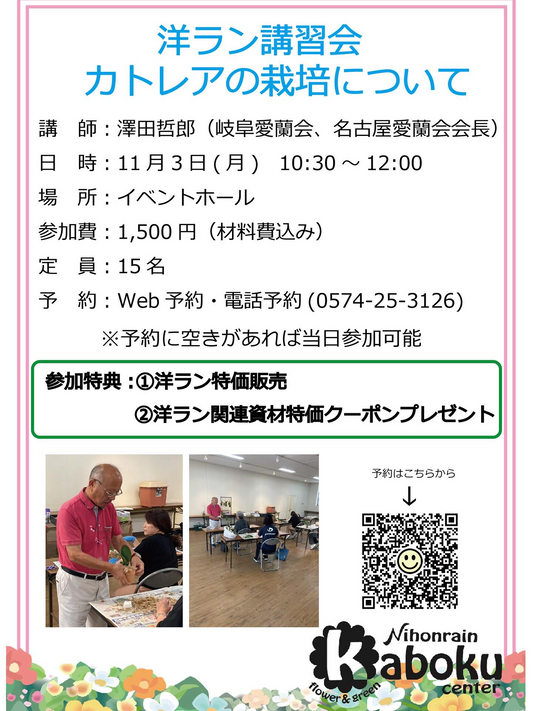 日本ライン花木センターが洋ラン講習会を開催、カトレア栽培を学ぶ実習型プログラムが定員15名で参加者の理解を深める