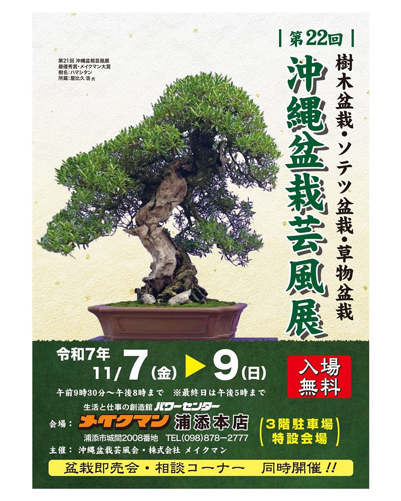 メイクマン浦添本店が第22回沖縄盆栽園芸風展を開催、展示と即売会と相談コーナーが2025年の浦添で実施