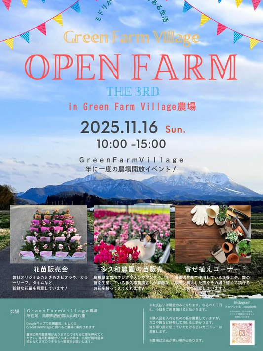 GreenFarmVilvageOPENFARMthe3rdが2024年11月に開催、鳥取県大山町の露地圃場で花苗とカラーリーフ販売