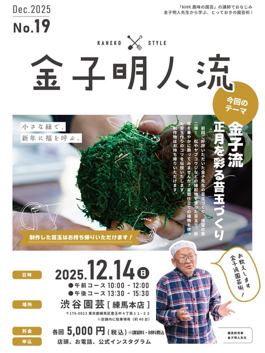 金子明人流が正月を彩る苔玉づくり講座を開催、渋谷園芸練馬本店で生苔を使った松とヤブコウジの作品制作が園芸愛好家の注目を集める