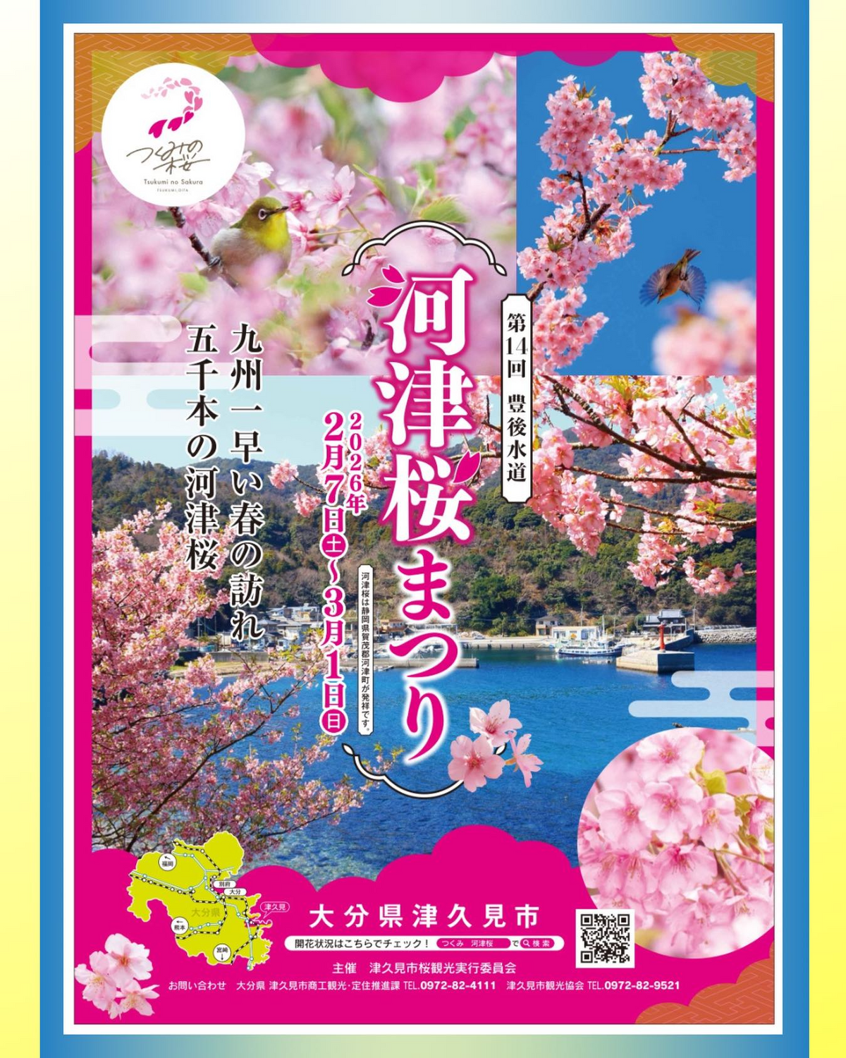 津久見市が第14回豊後水道河津桜まつり2026を開催、四浦半島一帯で河津