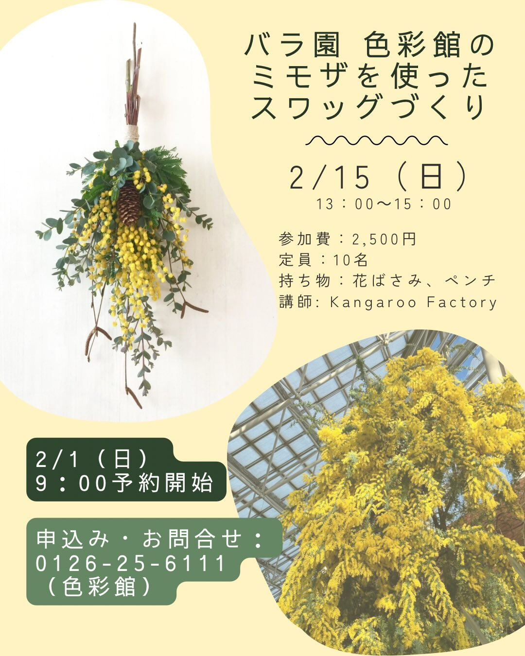 いわみざわ公園バラ園がミモザを使ったスワッグづくりワークショップを開催、バラ園色彩館の制作体験が来園者の関心に