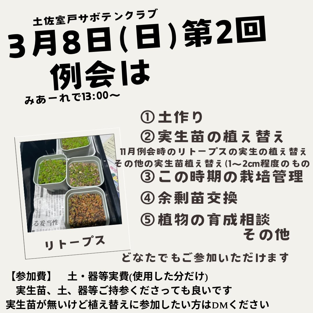 第ニ回定例会2026を南国市地域交流センターMIAREで開催、実生苗植え替えと栽培管理を実施