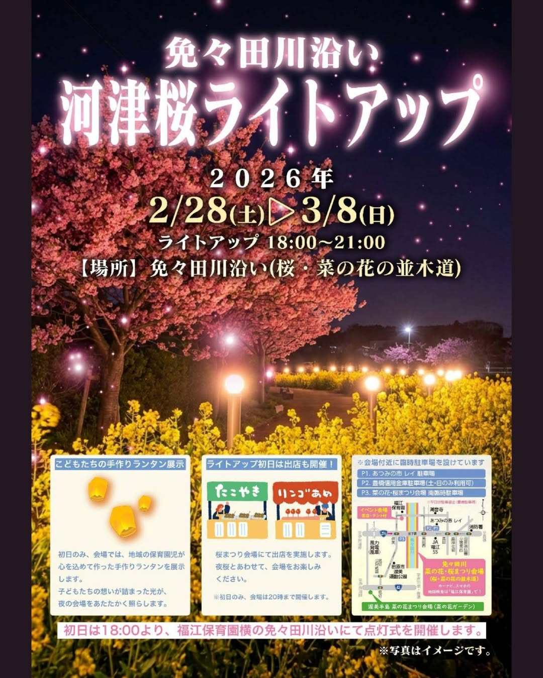 免々田川沿い河津桜ライトアップ2026が田原市で開催、夜桜と菜の花の幻想的景観を公開