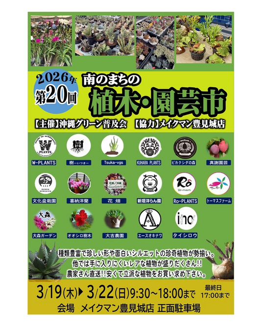 メイクマン豊見城店が第20回南のまちの植木・園芸市2026を開催、珍奇植物の展示販売が沖縄南部で注目