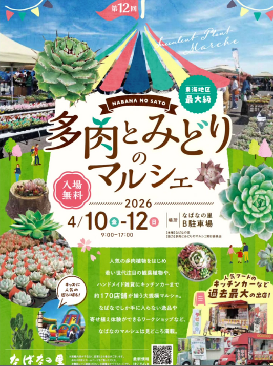 第12回多肉とみどりのマルシェ2026が開催決定、約170店舗となばなの里の春イベントが注目に