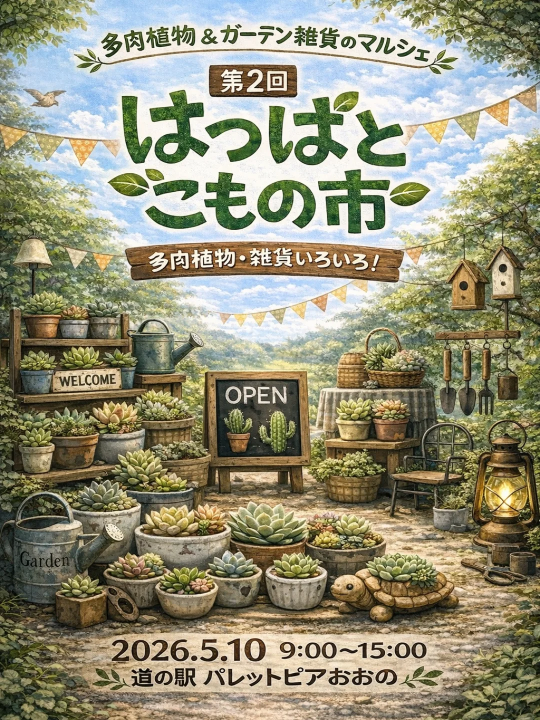 第2回はっぱとこもの市2026が道の駅パレットピアおおので開催、多肉植物とリメイク雑貨の販売が集結