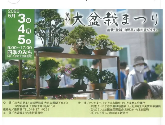 第43回大盆栽まつり2026が大宮盆栽村で開催、盆栽と盆器と山野草の市を展開