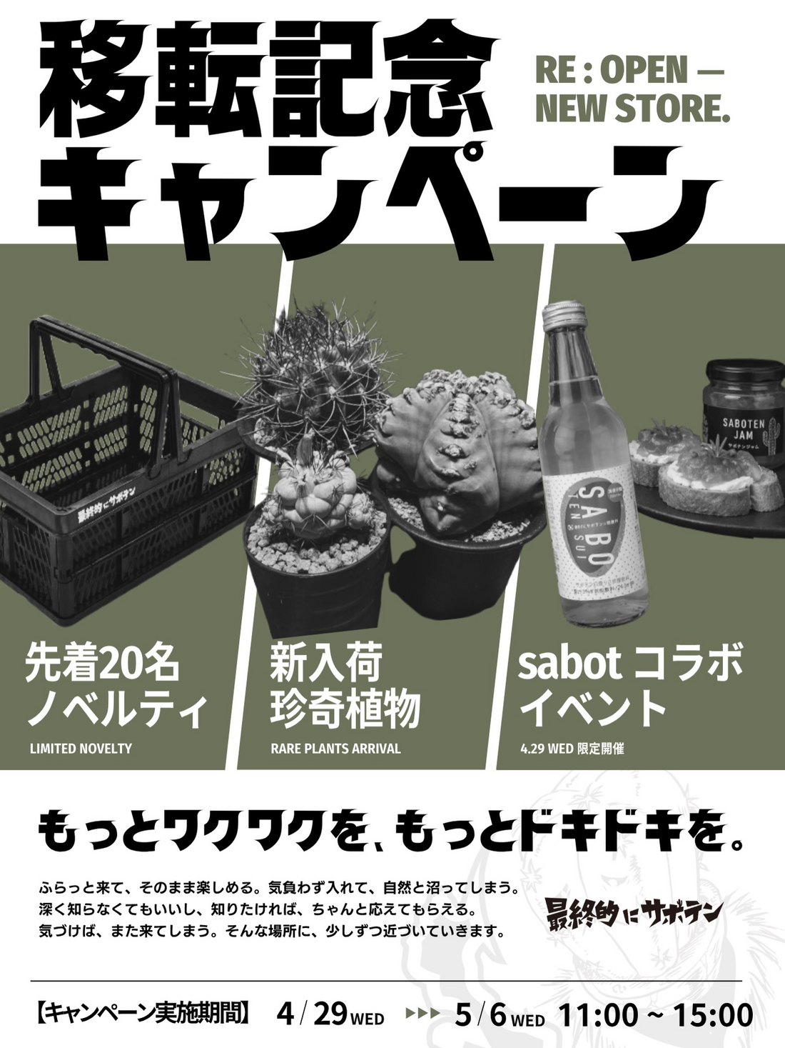 最終的にサボテンが2026年移転記念キャンペーンを実施、珍奇植物入荷と限定企画が来店理由に