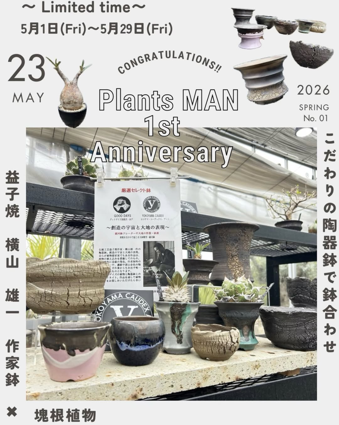 Plants MANが1周年企画を2026年に開催、益子焼作家鉢と植物の同時購入特典を実施