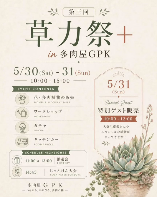 多肉屋GPKが第三回草力祭+in多肉屋GPK2026を開催、花と多肉植物の販売や特別ゲスト販売を実施