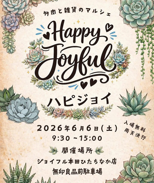 多肉と雑貨のマルシェハピジョイvol2 2026が開催、ジョイフル本田ひたちなか店で多肉植物と雑貨を販売