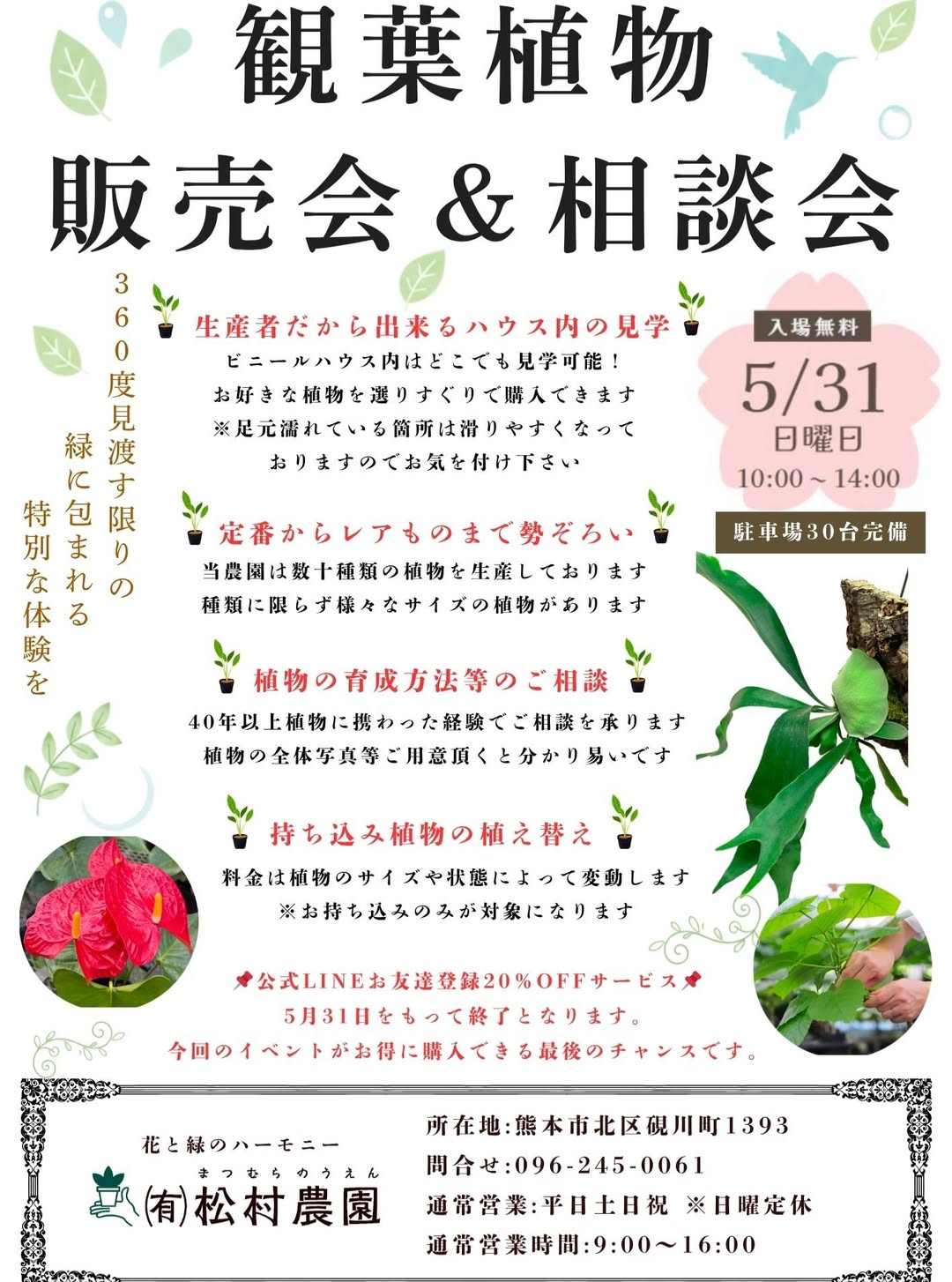 (有)松村農園が観葉植物販売会＆相談会2026を開催、ハウス見学と植え替え相談の機会に