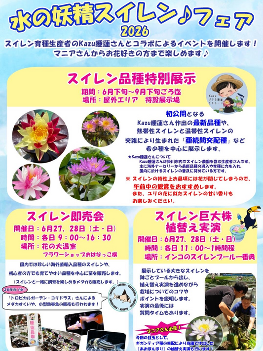 水の妖精スイレンフェア2026が掛川花鳥園で開催、スイレン即売会と巨大株植替え実演を実施