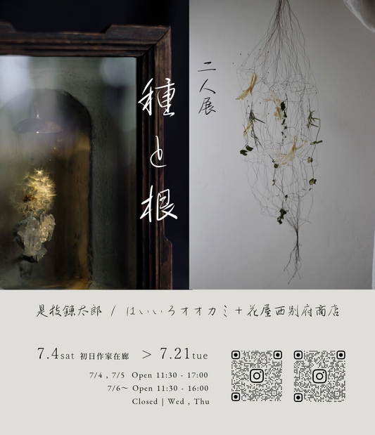 是枝錬太郎とはいいろオオカミ+花屋西別府商店二人展種と根2026が美瑛で開催、植物の生命感を造形作品で表現