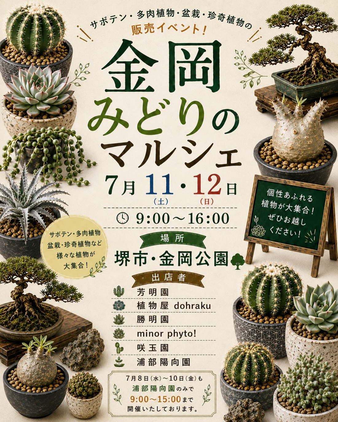 金岡みどりのマルシェ2026が金岡公園で開催、浦部陽向園と植物出店者が多肉植物販売に出店
