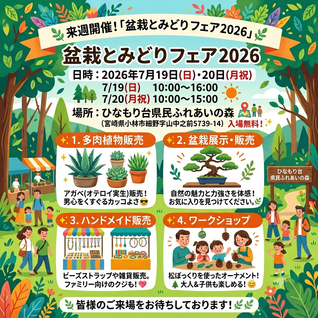 ひなもり台県民ふれあいの森が盆栽とみどりフェア2026を開催、アガベや盆栽の販売と制作体験を実施
