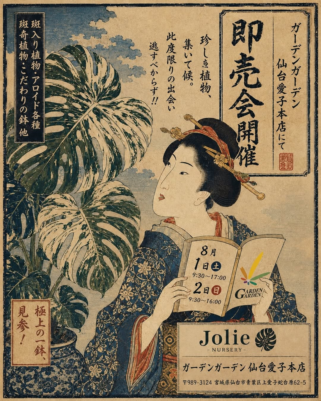JolieNurseryが即売会2026を仙台で開催、希少なアロイドと斑入り植物を2日間限定販売