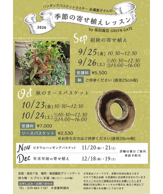 坂田園芸GREEN GATEで季節の寄せ植えレッスン2026を開催、9月から12月まで4種類の講座を実施予定