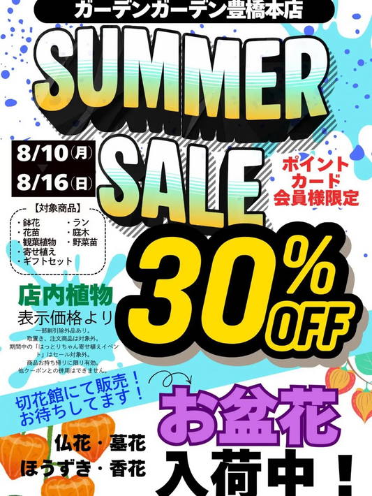 ガーデンガーデン豊橋本店がSUMMER SALEを開催、植物30%OFFで幅広い商品が対象