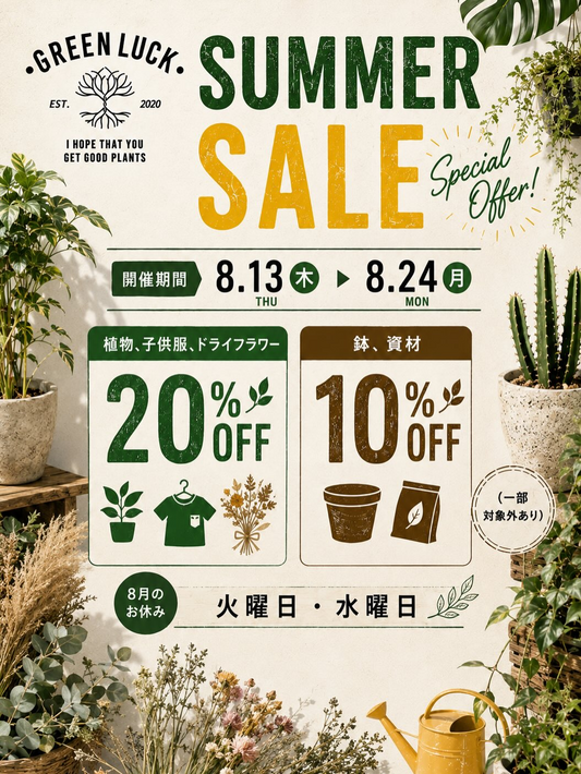 GREEN LUCK SUMMER SALEを8月13日から開催、植物や子供服など20%OFFで販売
