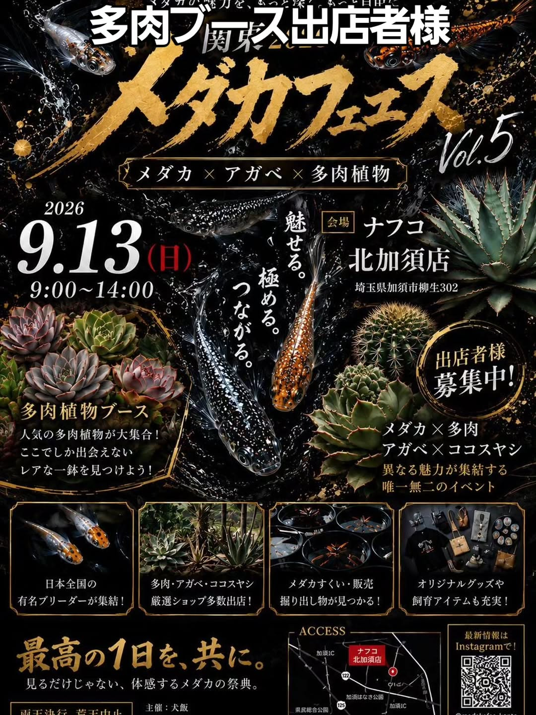 メダカフェス関東2026 Vol.5を北加須で開催、メダカとアガベや多肉植物の各ブースを展開