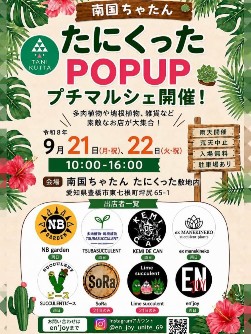 たにくった POPUP プチマルシェ2026を豊橋市で開催、多肉植物や塊根植物など8組が出店
