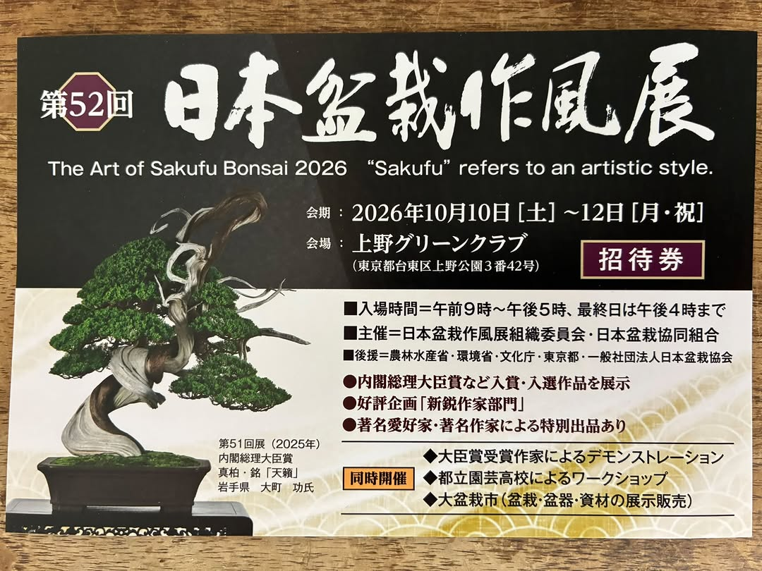 第52回日本盆栽作風展2026が上野で開催、入賞作品展示や実演と大盆栽市を実施