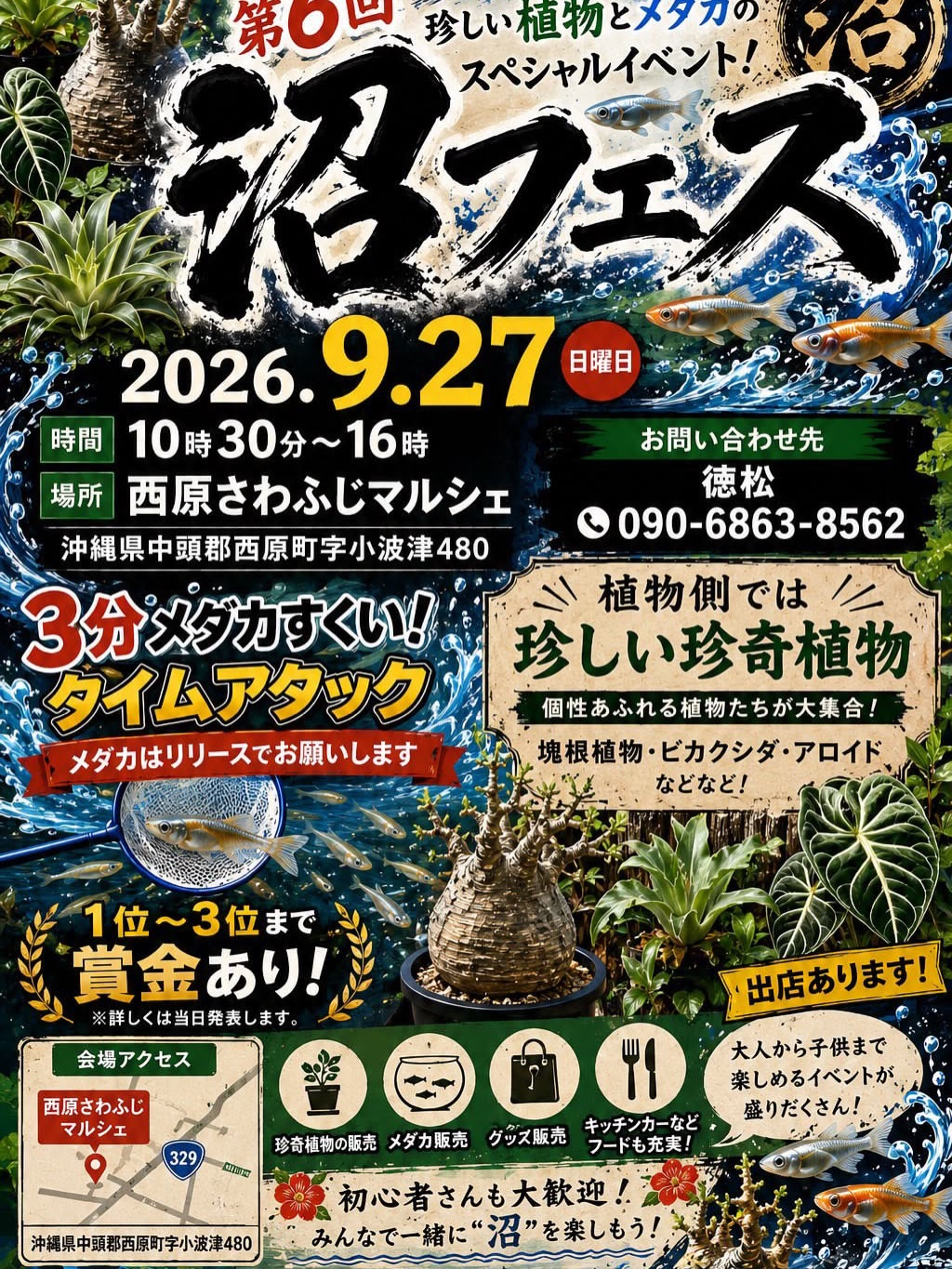 第6回沼フェス2026が西原さわふじマルシェで開催、珍奇植物とメダカ販売やタイムアタックを実施