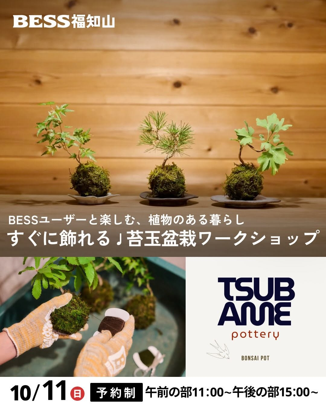 BESS福知山が2026年苔玉盆栽ワークショップを開催、BONTAMA制作とオリジナル受け皿を持ち帰り