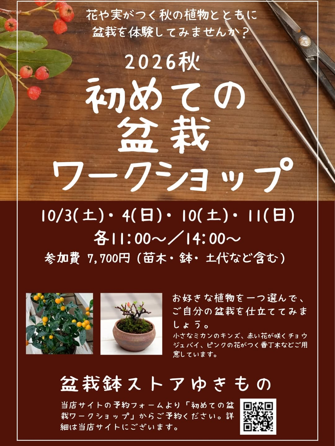 盆栽鉢ストアゆきもので2026 秋 初めての盆栽ワークショップを10月3日・4日・10日・11日に開催