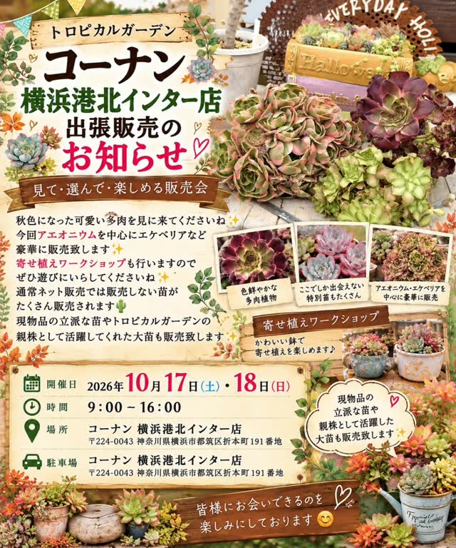 トロピカルガーデン コーナン横浜港北インター店 出張販売を10月17日・18日に開催