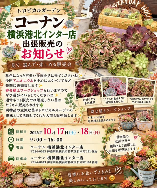 トロピカルガーデン コーナン横浜港北インター店 出張販売を10月17日・18日に開催