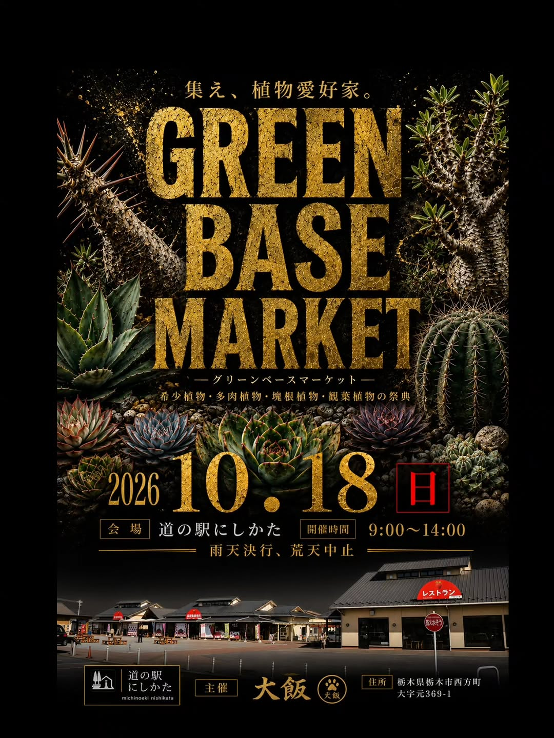 GREEN BASE MARKETが道の駅にしかたで10月18日開催、希少植物・多肉植物・塊根植物・観葉植物が集結