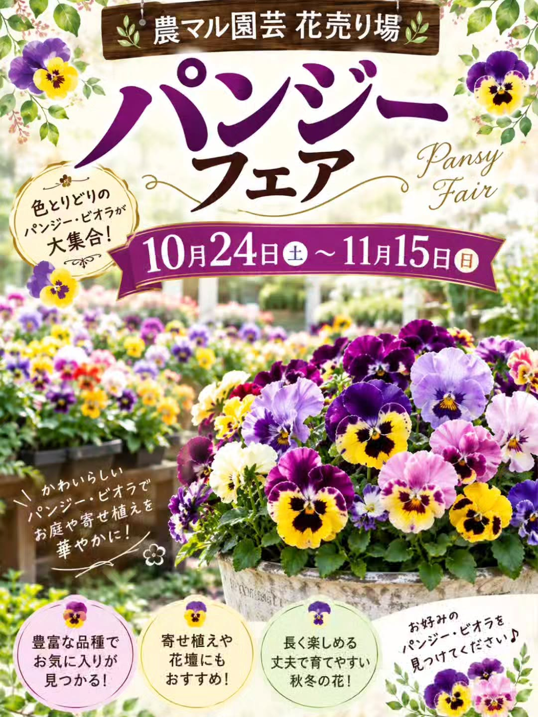 農マル園芸 パンジーフェアが総社市の農マル園芸花売り場で10月24日から開催