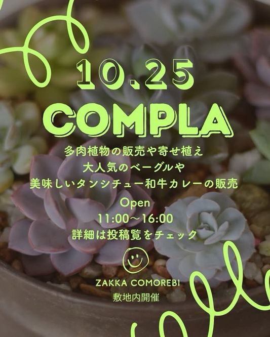 ZAKKA COMOREBI敷地内で多肉植物の販売と寄せ植え、ベーグルやタンシチュー・和牛カレーの販売イベントを10月25日に開催