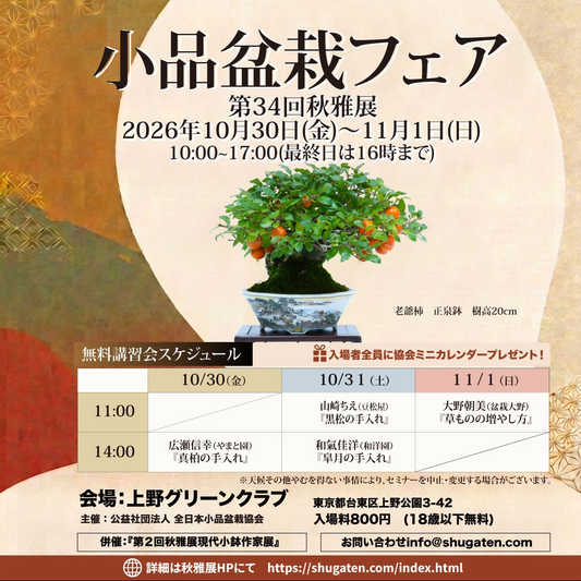 小品盆栽フェア 第34回秋雅展が上野グリーンクラブ常設売店で10月30日から開催